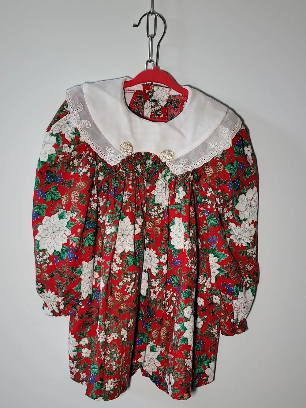 Girls' Red Floral Holiday Dress with White Lace Collar